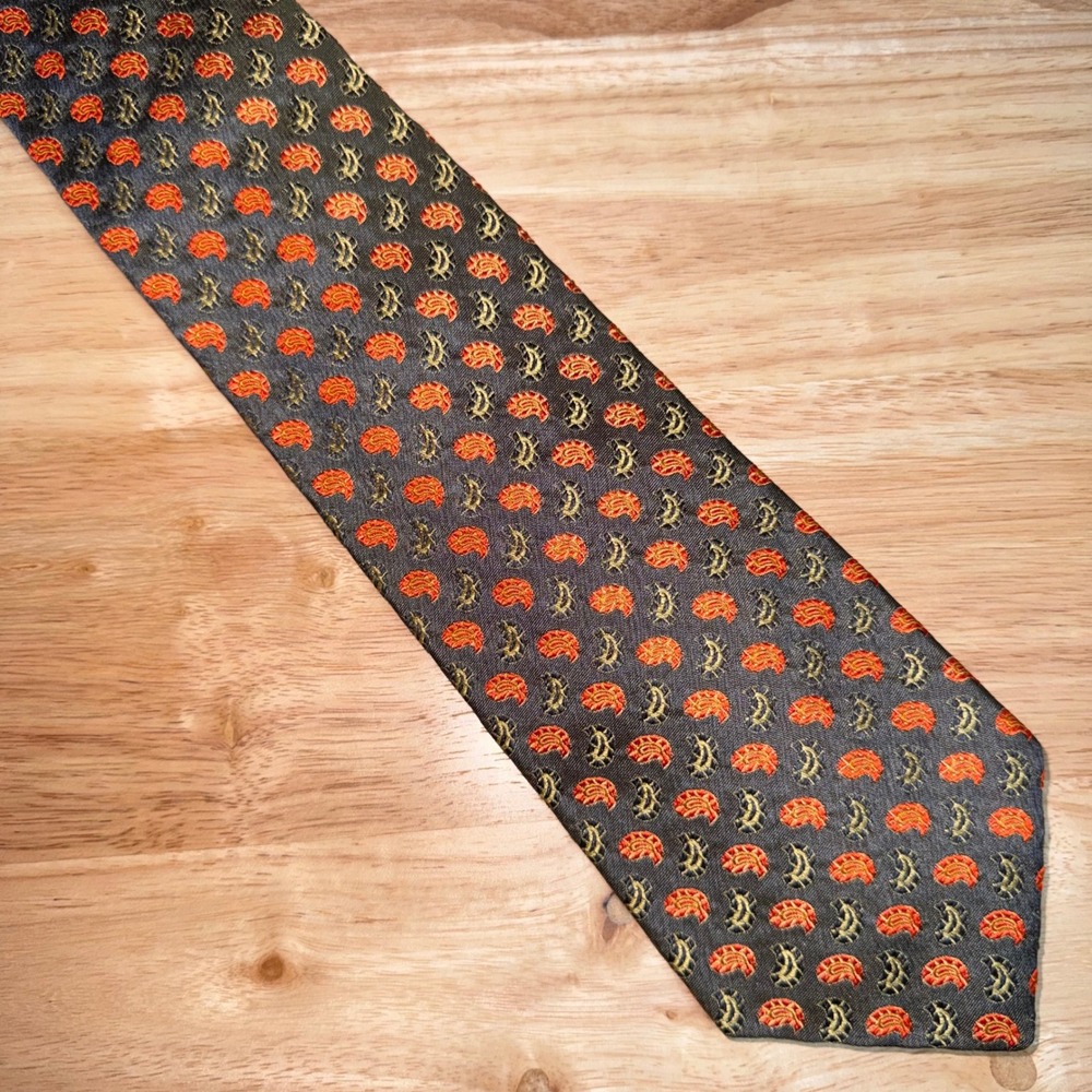 Kiton Napoli Mens Silk Tie Sage Orange Gold Paisley Made in Italy 3.5 inch Width